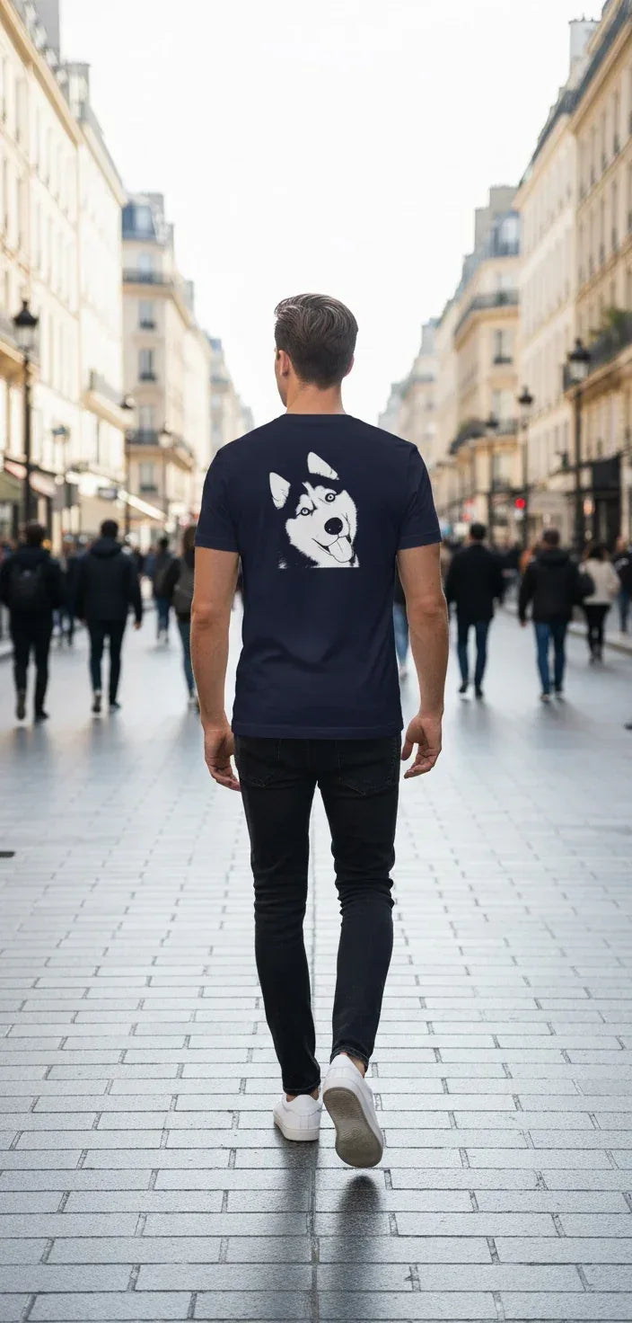 T-shirt Bleu Marine Unisexe Personnalisé avec portrait d’animal - Woofy
