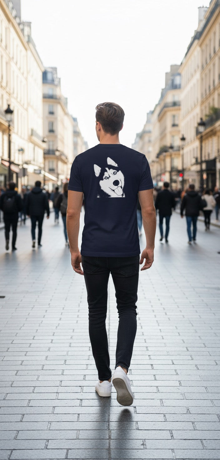 T-shirt Bleu Marine Unisexe Personnalisé avec portrait d’animal - Woofy