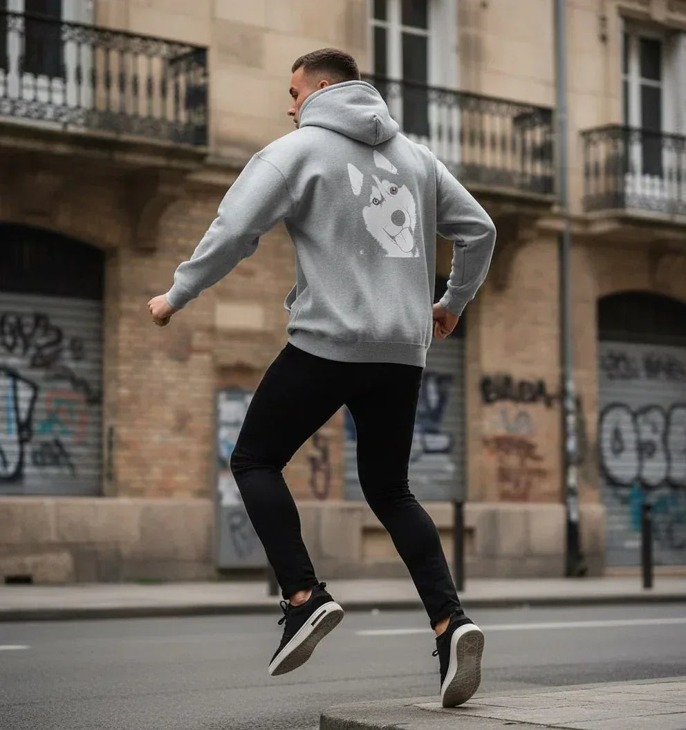 Sweat-shirt Gris Unisexe personnalisé avec portrait d’animal – Woofy